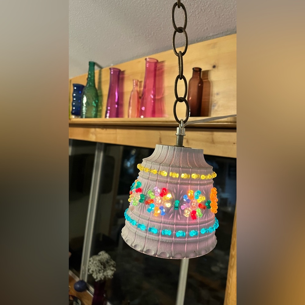 Vintage Boho Small Swag Lamp • Beaded Plastic Pendant Light • Plug-In - Picture 2 of 10